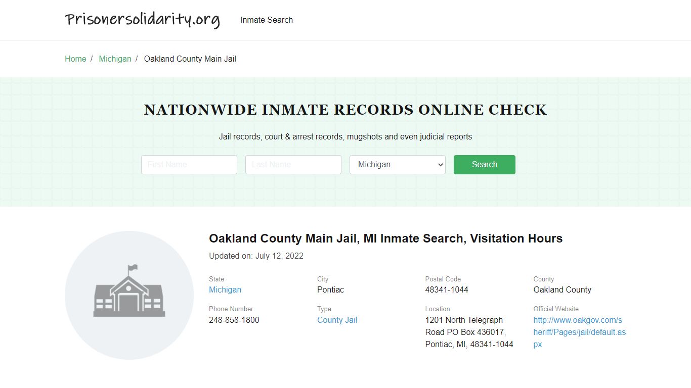 Oakland County Main Jail, MI Inmate Search, Visitation Hours